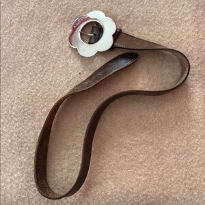 Brown Leather Belt with White Flower Buckle